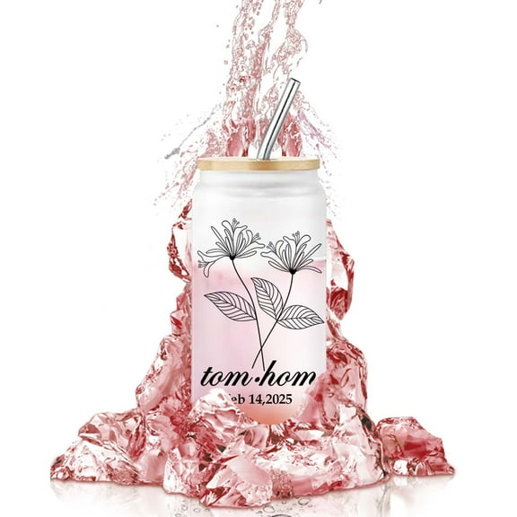 Personalized Glass Tumbler with Birth Flower & Name - Custom Borosilicate Cup with Bamboo Lid, Glass Straw & Leakproof Seal - Unique Birthday Gifts for Women, Mom, Teacher, Bridesmaid