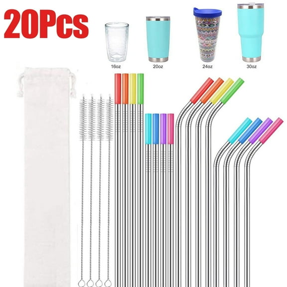 Leyeet 20 Pack Reusable Stainless Steel Metal Straws with 16 Silicone Tips 4 Straw Brushes, Eco Friendly Extra Long Metal Straw Fit for 16 20 24 30 oz Tumbler