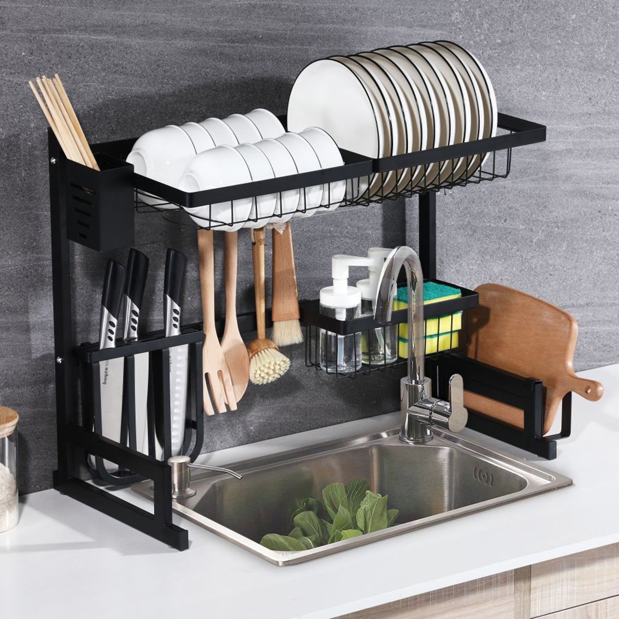 iSPECLE Premium 201 Stainless Steel Dish Rack with Utensil Holder Hooks Stable Bend Foot for Kitchen Countertop Space Saver Non-slip Black Over the Sink Dish Drying Rack