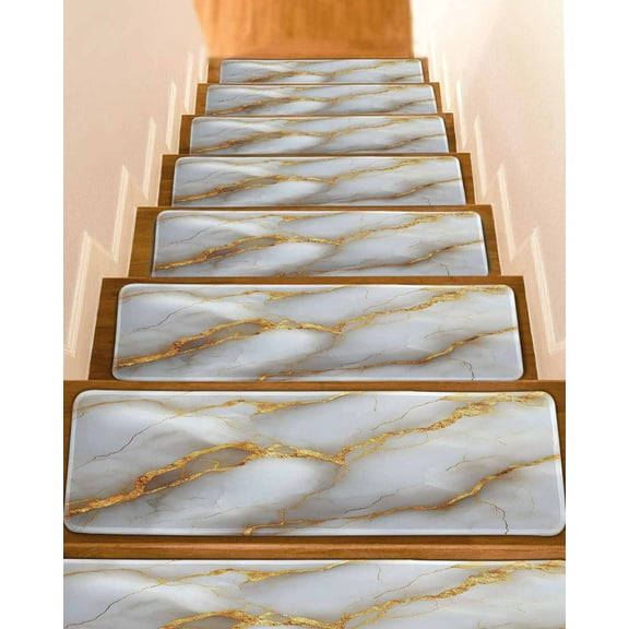 White Gray Marble Stair Treads for Wooden Steps Indoor Runner Rug Carpet, Modern Abstract Golden Texture Art 4 Pieces Peel and Stick Staircase Step Treads Covers Washable Throw Door Mats, 30"x8"