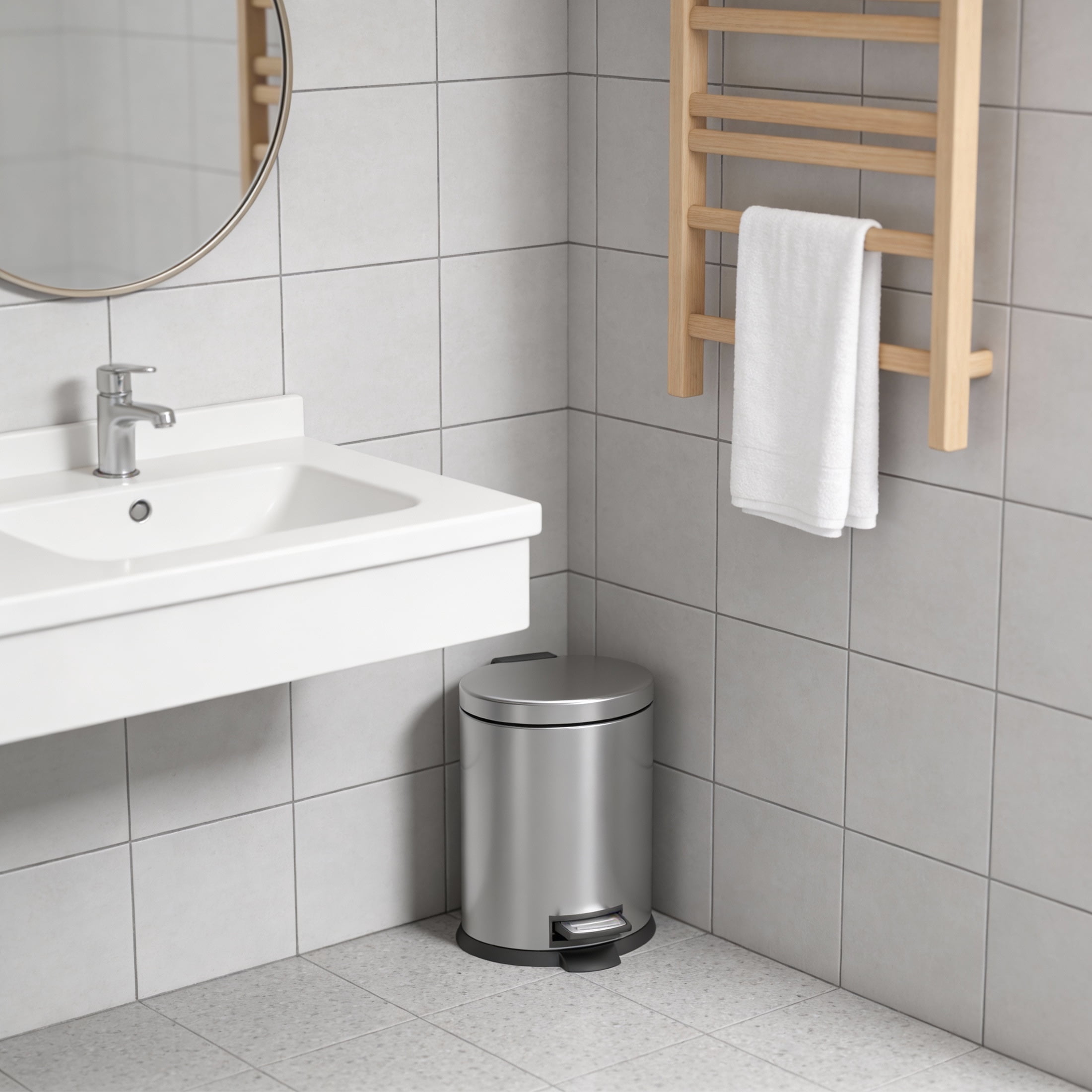Koomade 2 Pack Bathroom Trash Can, 1.3 Gallon Stainless Steel Step Garbage Bin with Lid, Silver