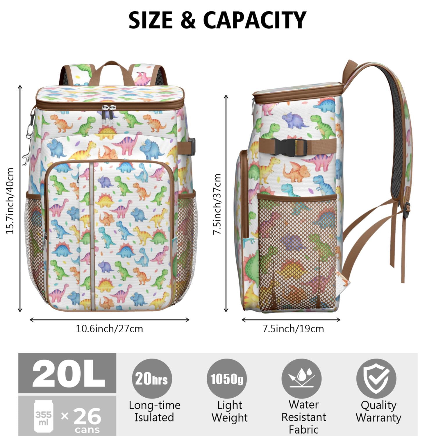 Travel Cooler Bag - White Cartoon Colorful Dinosaurs Pattern Camping Beer Cooler Backpack with Bottle Opener- Waterproof Insulated Picnic Backpacks - Cooler Bag for Beach