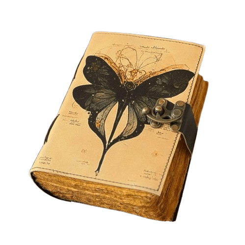 Handmade Leather Journal with Vintage Butterfly Artwork – 5x7 Inch Antique Notebook with 200 Deckle Paper Pages, Brass Clasp, Rustic Writing Diary