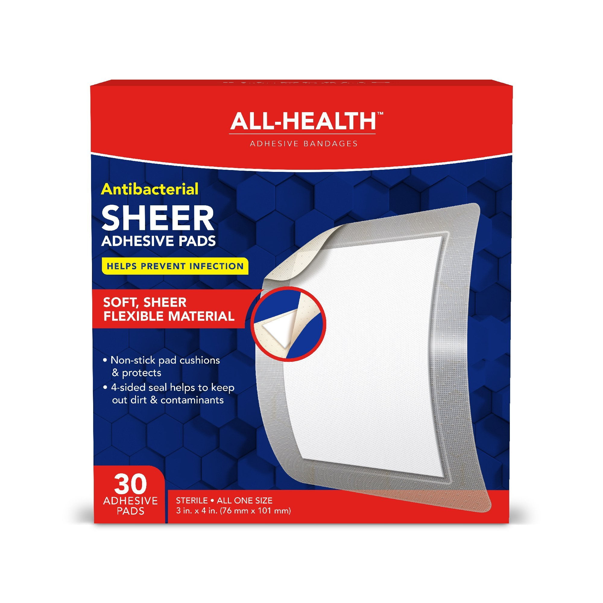 All-Health Antibacterial Sheer Adhesive Pad Bandages, 3 in x 4 in, 30 ct | Helps Prevent Infection, Extra Large Comfortable Protection for First Aid and Wound Care X-Large, 30 Count