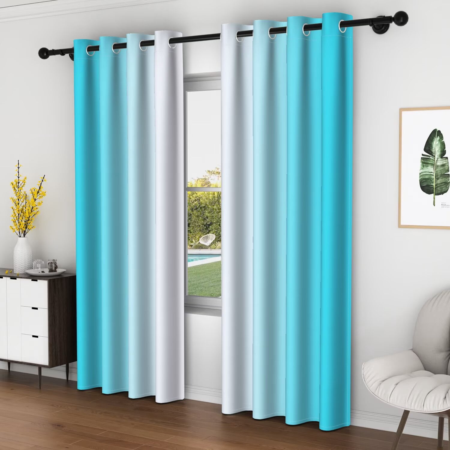 LFEEY Turquoise Teal Curtains, Blackout Light Room Darkening Curtains, Ombre Gray, 52" W x 63" L, 2 Panels