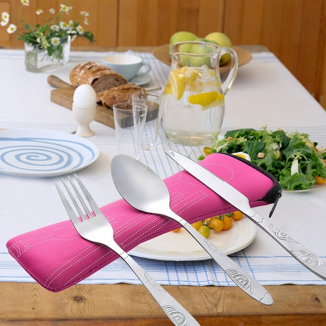 Cagogo under $5 3Pcs Stainless Steel Cutlery Set, 3 Piece Stainless Steel Cutlery Set, Travel Camping Fork Spoon Tableware, Portable Carrying Case Utensils, Reusable Outdoor Dinnerware