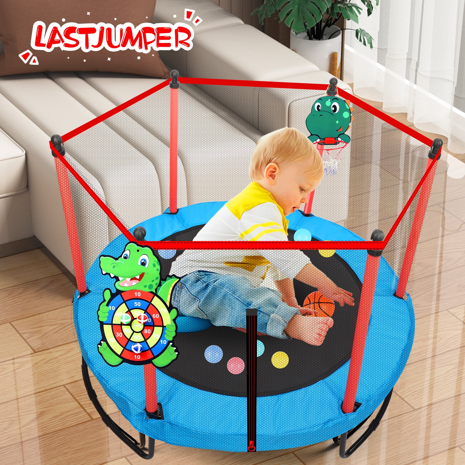 LASTJUMPER 5FT Trampoline for Kids, 60"Mini Indoor & Outdoor Small Toddler Trampoline with Basketball Hoop, Dart Board, Ocean Ball ,Baby Trampoline Toys, Birthday Gifts for boy,Blue