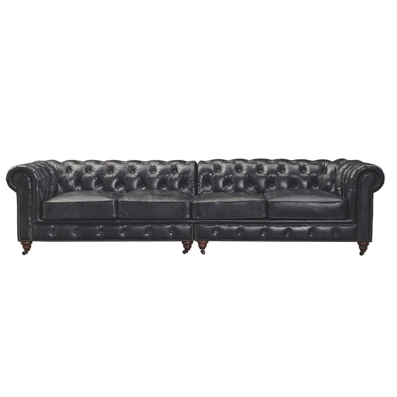 Pemberly Row Top Grain Leather Chesterfield 118" Leather Sofa in Black