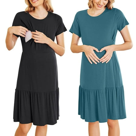 

Aayomet Maternity Dress Womens Nursing Dress Breastfeeding Casual Maternity Dresses Short Sleeve Ruffle Hem Swing Pregnancy Black S