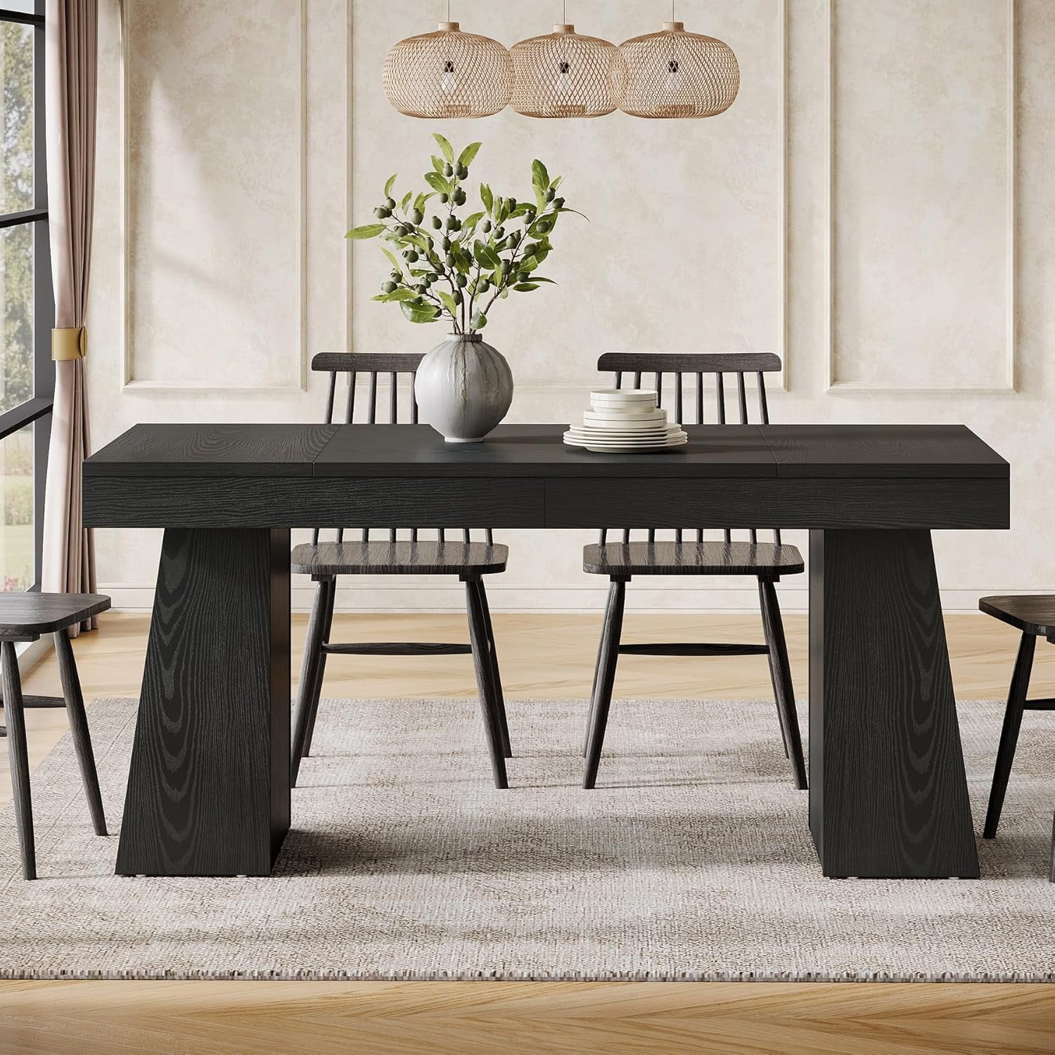 Rectangular 55" Dining Table for 4-6, Mid-Century Modern Kitchen Dining Table, Black