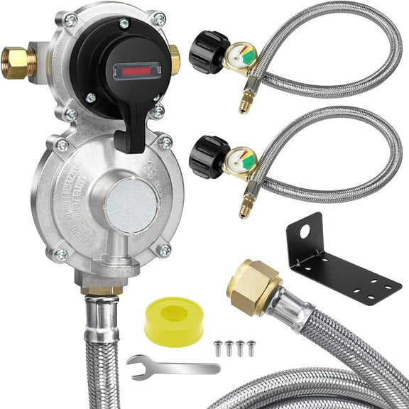 2-Stage Automatic Changeover LP Propane Gas Regulator with 48'' Stainless Braided Regulator Hose Assemblies