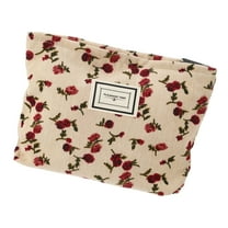 Unique Bargains Corduroy Floral Makeup Bag Zipper Flower Cosmetic Pouch Aesthetic Women Cosmetic Bags Coin Purse Beige