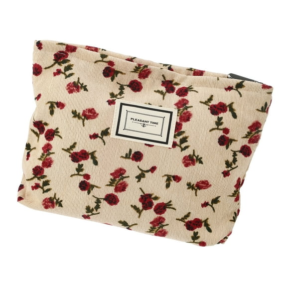 Unique Bargains Corduroy Floral Makeup Bag Zipper Flower Cosmetic Pouch Aesthetic Women Cosmetic Bags Coin Purse Beige