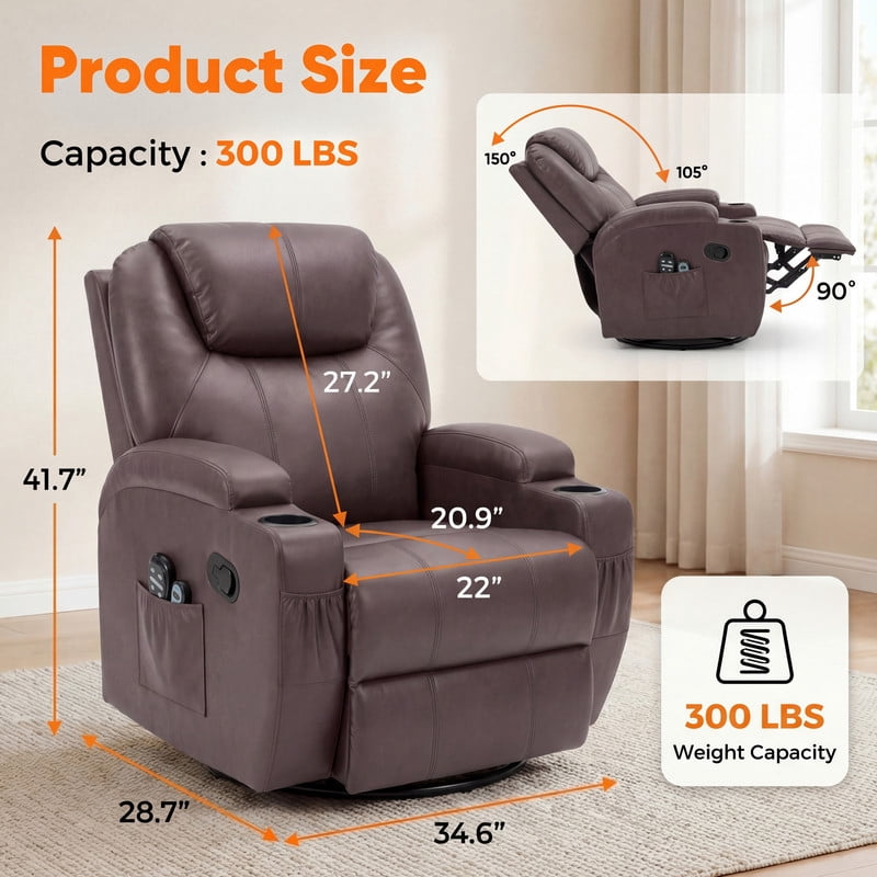 Vineego Massage Swivel Rocker Recliner with PU Leather Fabric Small Spaces Lounge Chair with Two Cup Holder for Bed Room,PU Brown