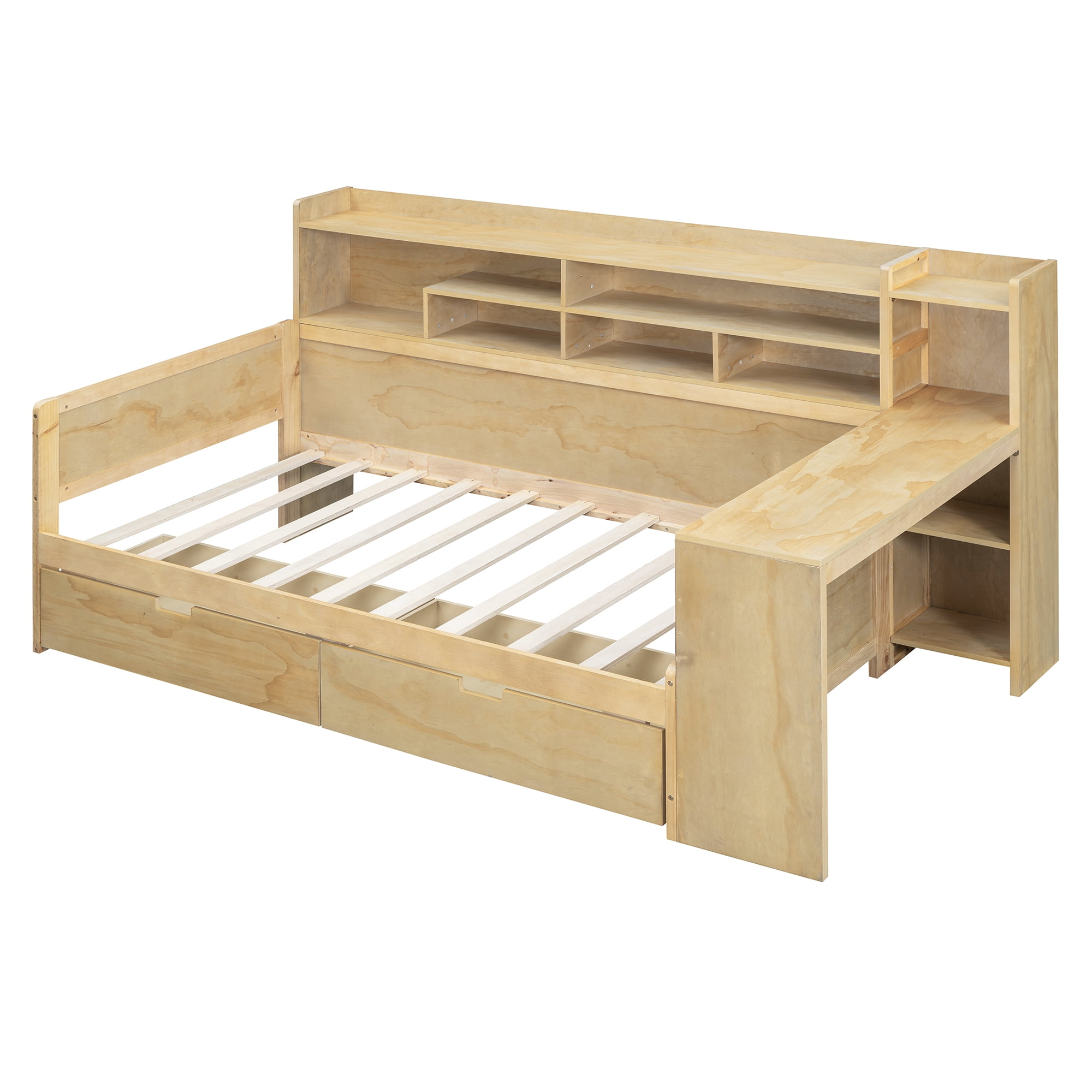 Euroco Wood Twin Size Daybed with Bookcase, Functional Shelves and Drawers for Bedroom, Natural