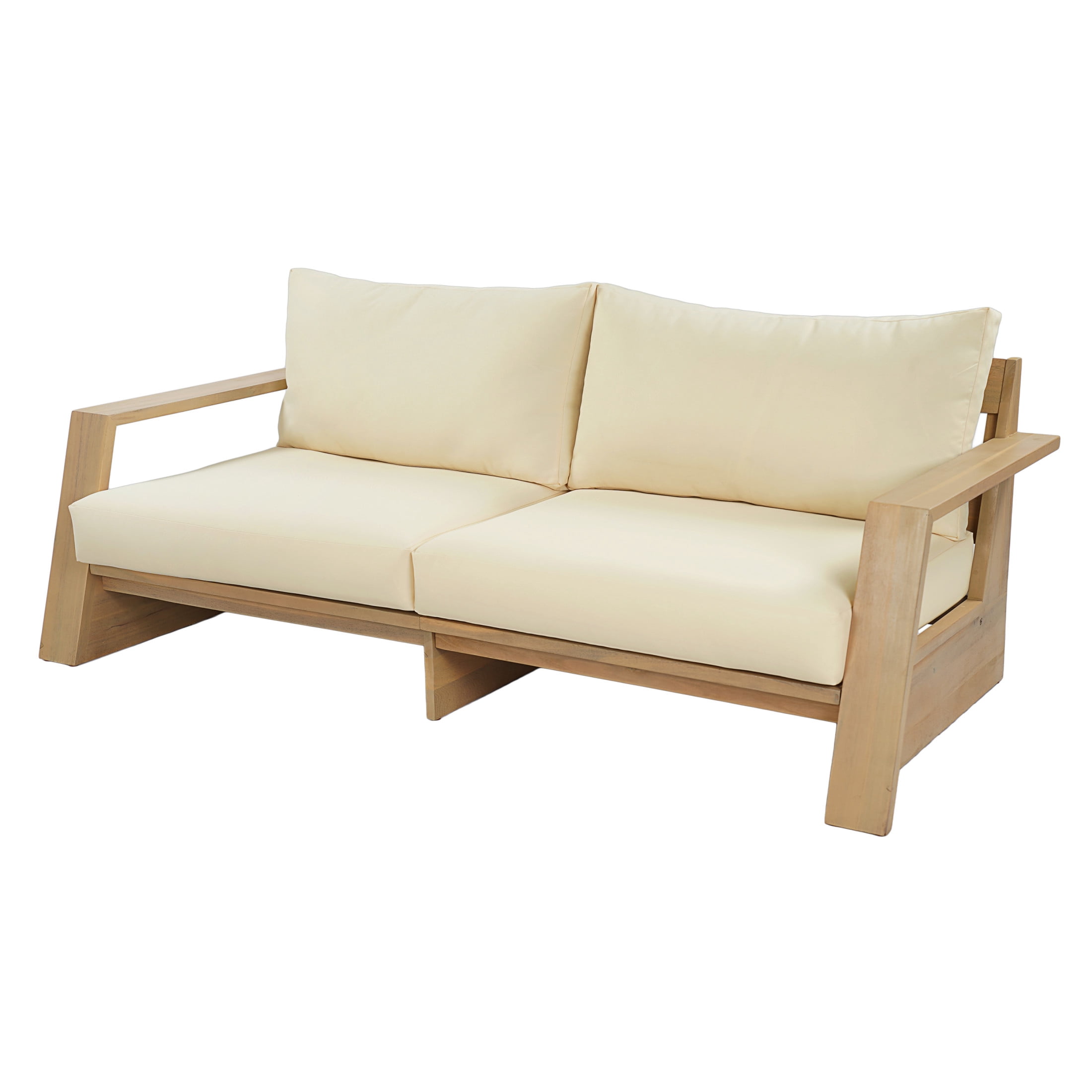 Christopher Knight Home Modern Acacia Wood Outdoor Patio Loveseat with Cushions, Light Teak+Cream