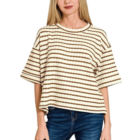Women 2 Piece Sets Summer Outfits Cute Stripe Knit T Shirts Shorts Matching Lounge Set Khaki S