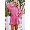 thumbnail image 3 of ABPHQTO Vestido corto de camisa de manga larga con botones texturizados de rosa para mujer con corbata de cuerda, 3 of 5