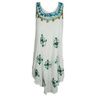 Mogul Womens Boho Sundress Freeing Feel White Blue Floral Embroidered Sleeveless Flowy Tank Dress Beach Cover Up