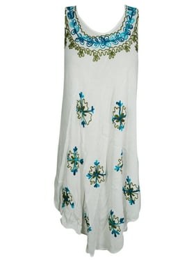 Mogul Womens Boho Sundress Freeing Feel White Blue Floral Embroidered Sleeveless Flowy Tank Dress Beach Cover Up