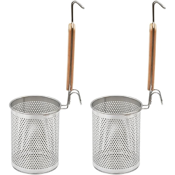 Stainless Steel Pasta Strainer, 2pcs Micro-Perforated Food Dumpling Noodle Strainer with Wood Handle Straining Noodles Pasta Baskets