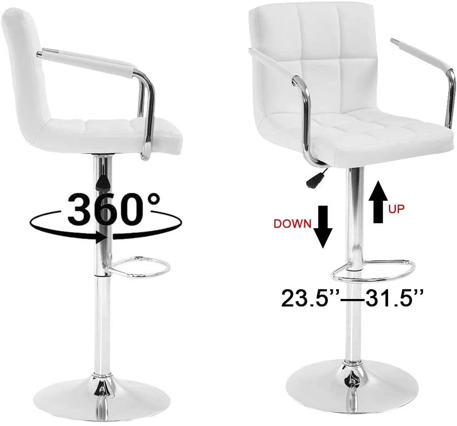 Dkeli Adjustable Square PU Leather Swivel Bar Stool with Armrest, White (Set of 2)