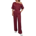 thumbnail image 2 of Women's Soild Color Satin Jumpsuit, Elegant Off Shoulder Wide Leg Romper with Side Pockets, High Waisted Casual Jumpsuits for Women Evening and Daily Wear Wine L, 2 of 5