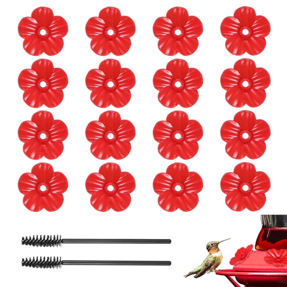 Uxcell 16-Pack Hummingbird Feeder Replacement Flowers, Plastic Hummingbird Feeding Parts with 2 Cleaning Brushes [Red]