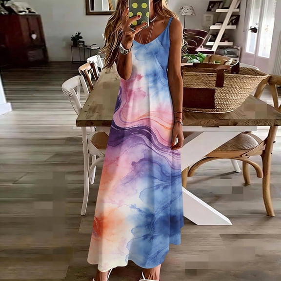 TaTaai Women Fashion V-Neck Print Sleeveless Cami Long Dress Casual Elegant Style Lightweight Soft for Summer Daily Beach Vacation Wear Gift