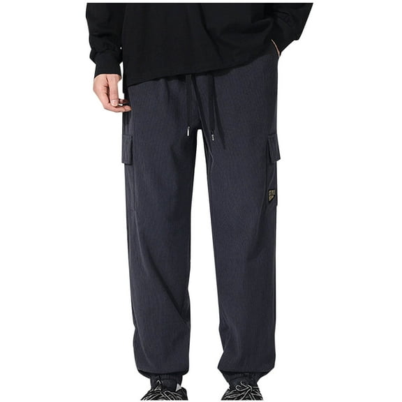 HOOMEUMY Mens Elastic Waist Corduroy Cargo Pants Solid Color Drawstring Sweatpants Casual Jogger Pants with Multi Pockets Dark Gray 8