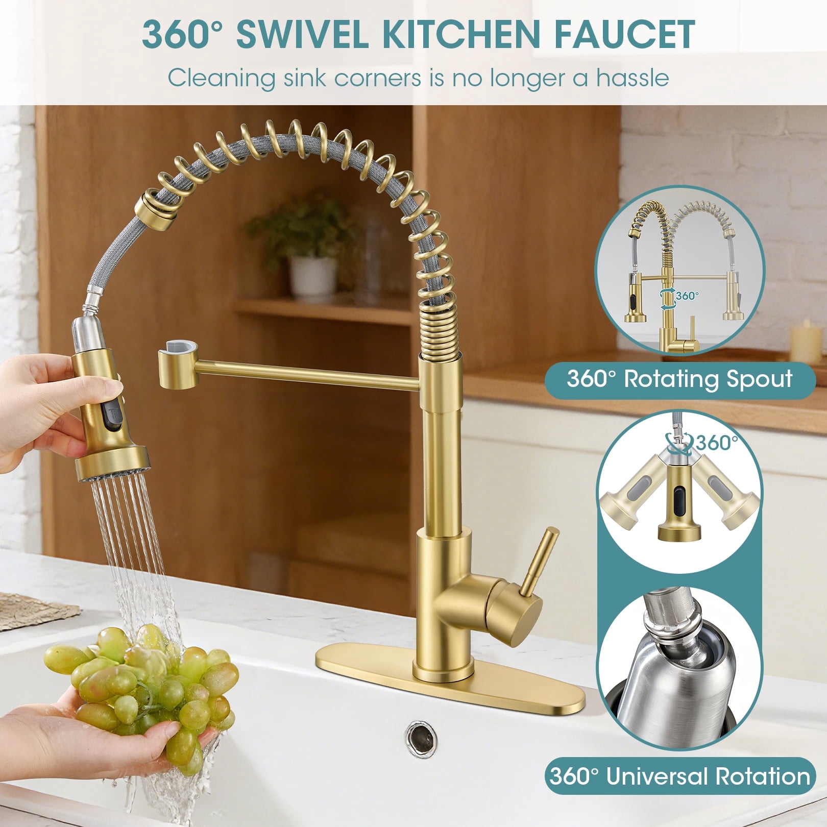 Wowkk Sanitary Ware 304 Stainless Steel Kitchen Faucet with Pull Out Sprayer, 2 Water Modes Single Handle Kitchen Sink Faucets with Deck Plate for Laundry Bar Patio Sink, Brushed Gold