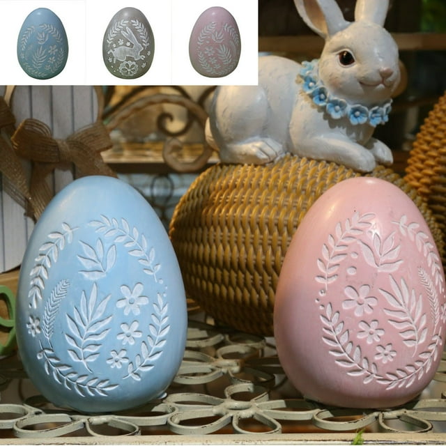Blue Resin Easter Egg Sculpture - Hand-Carved Floral Pattern Desktop Decor for Home, Party & Kids Room