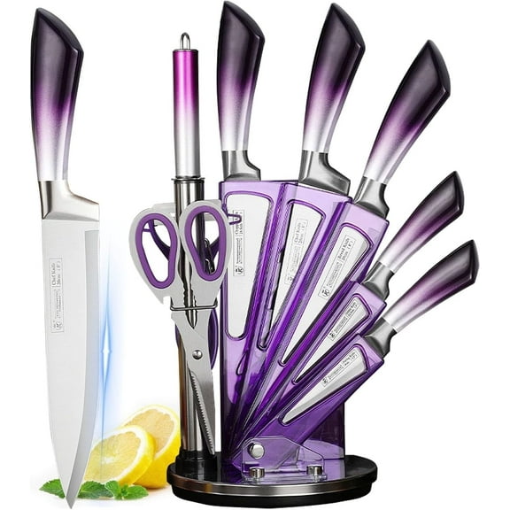 Dot Pet Purple Gradient Handle Stainless Steel Kitchen Knife Set, 9-Piece