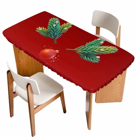 Red Christmas Table Cloths for 6 Foot Rectangle Tables, Xmas Tree Ball Winter Modern Art Patio Waterproof Elastic Fitted Tablecloths, Washable Rectangular Table Cover for Camping