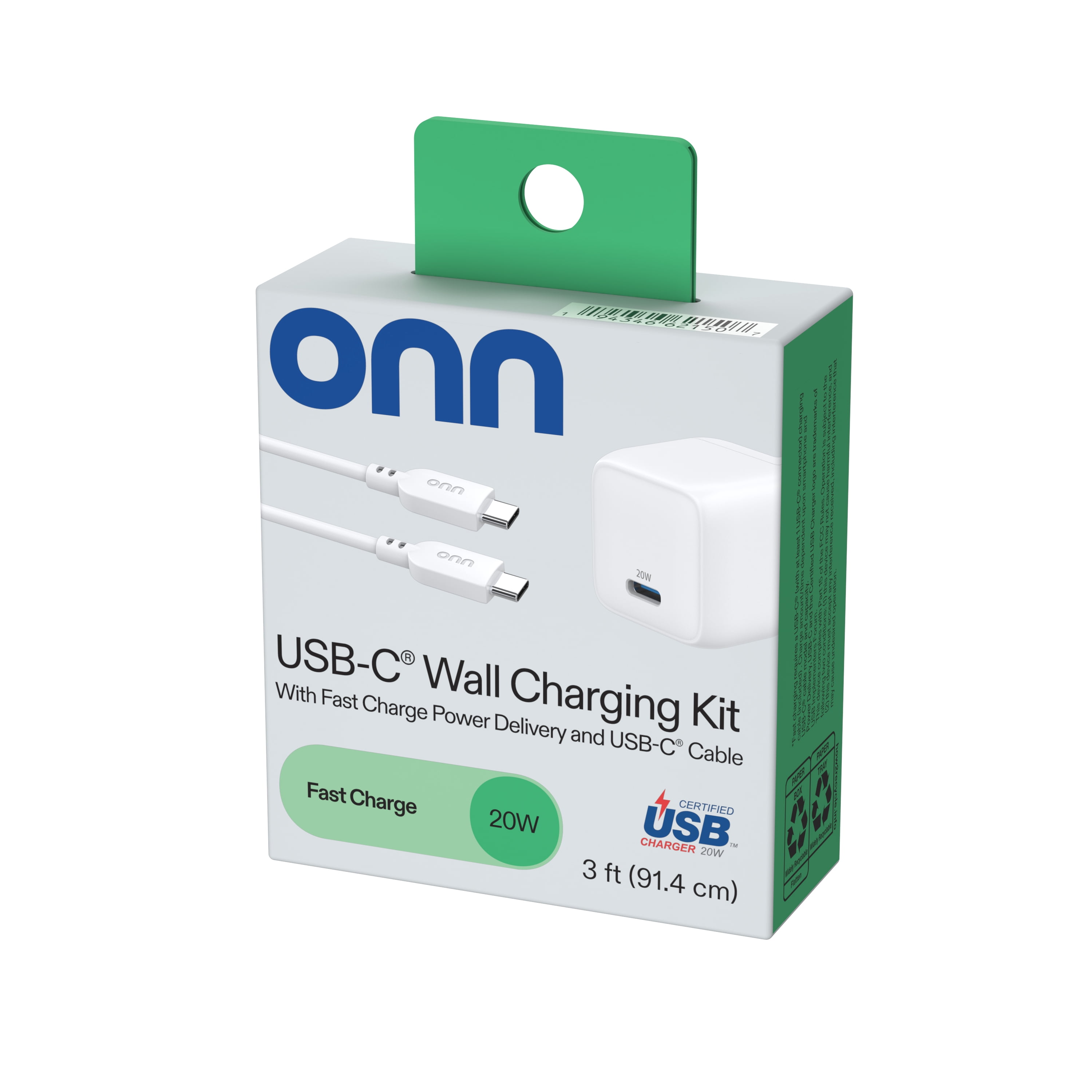 (5 pack) onn 20W Single USB-C Port Wall Fast Charger with 3ft C-C Cable, USB-IF Certified,Foldable Plug, White