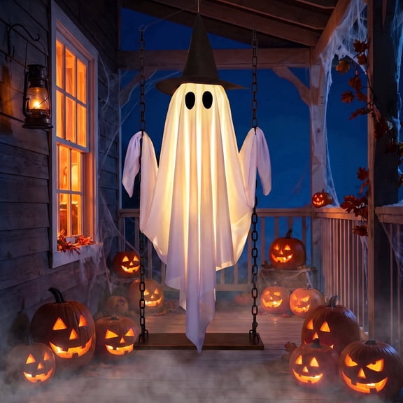 Leyaron Halloween Decorations Outdoor, Hanging Swing Ghosts with Lights Halloween Spooky Cute Ghosts Decor for Outside Home Front Porch Yard Lawn Tree