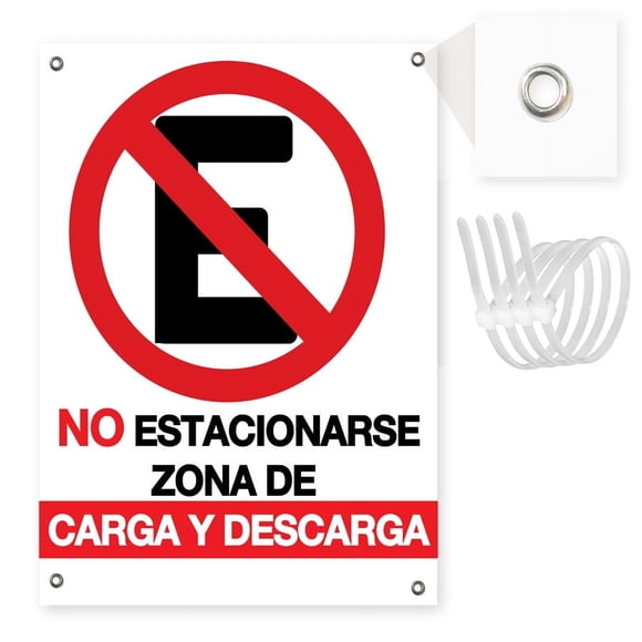 Señalamiento: "No estacionarse. Zona de carga y descarga" color blanco y rojo. Impreso sobre plástico estireno calibre 40, medidas: 26 x 36 cm, para exteriores. Letrero, Señal prohibitiva.