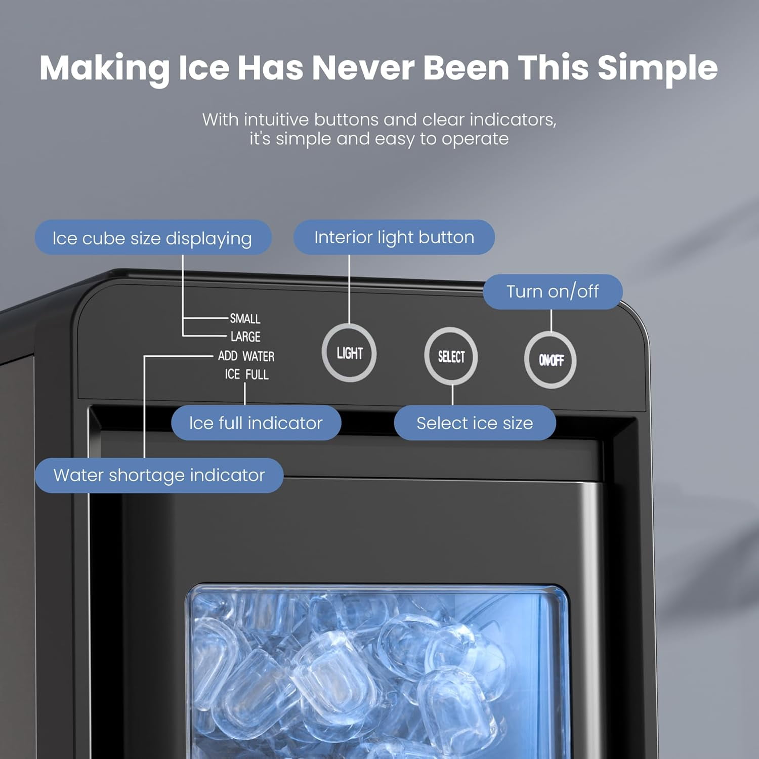 WAA Black Portable Ice Maker for Multiple Scenes 6 Mins for 8 Ice Cubes,Self-Cleaning,Interior Lighting,with 2 Ice Sizes & Intelligent Reminders