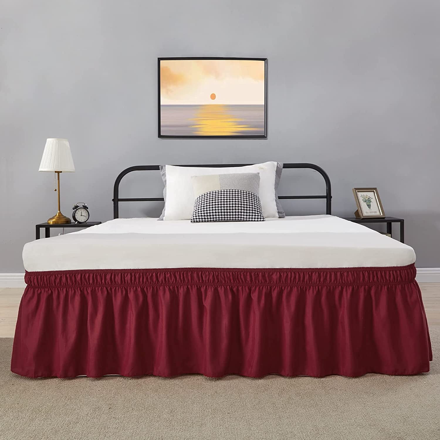 Wrap Around Bed Skirts 22" Drop, Fully Elastic Dust Ruffle, Soft and Luxury, Fade Resistant, Machine Washable Luxurious Fabric, Olympic Queen Size - Burgundy Solid.