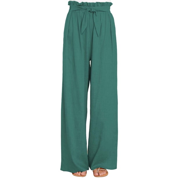 Sunloudy Pantalones casuales de pierna ancha para mujer, pantalones sueltos de longitud completa de cintura media atados de color sólido para damas, S / M / L / XL / XXL Sunloudy S M L XL XXL