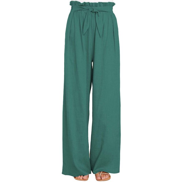 Sunloudy Pantalones casuales de pierna ancha para mujer, pantalones sueltos de longitud completa de cintura media atados de color sólido para damas, S / M / L / XL / XXL Sunloudy S M L XL XXL