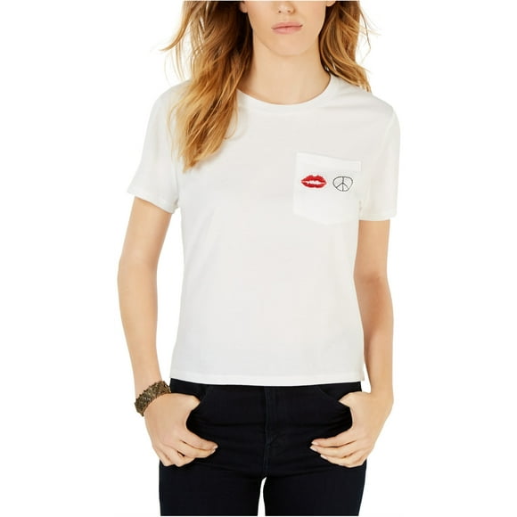 Carbon Copy Womens Embroidered Embellished T-Shirt, White, Small