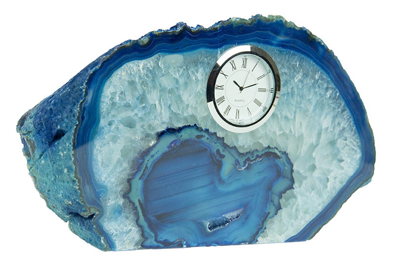 GeoCentral Blue Agate Mantel Silver Tone Wind-up Clock Room Decor Specimen 