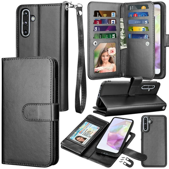 For Samsung Galaxy A36 5G Wallet Case with Credit Card Holder for Women Men, Flip PU Leather Wallet Phone Case for Galaxy A36, Tekcoo Detachable Magnetic Kickstand Cover with Wrist Strap, Black