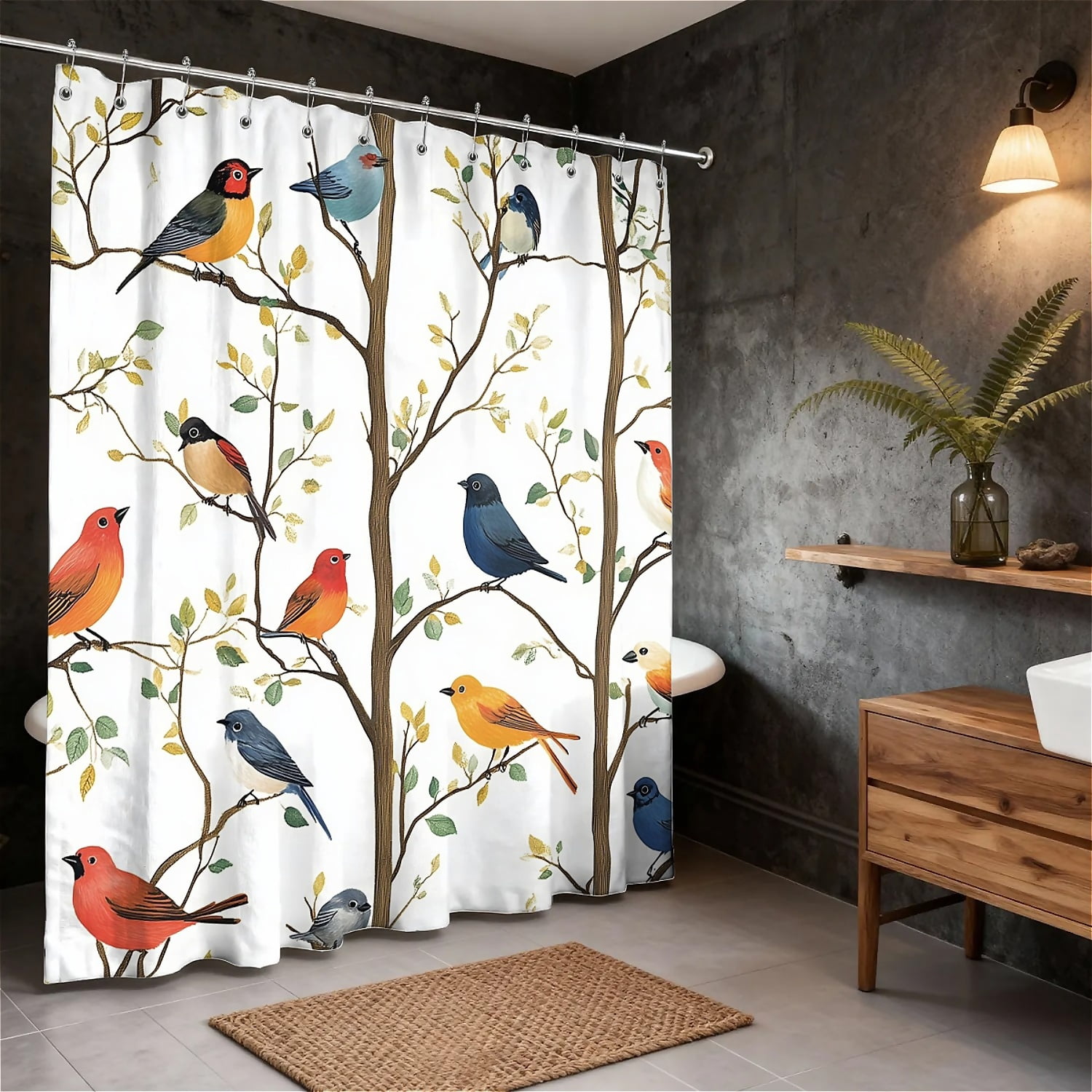 ARTSLION Shower Curtain Navy Blue Geometric Water Repellent Shower Curtain Set, With Hooks，Machine Washable, Modern Decorative Polyester Cloth Shower Curtains For Bathroom,72X78,Birds