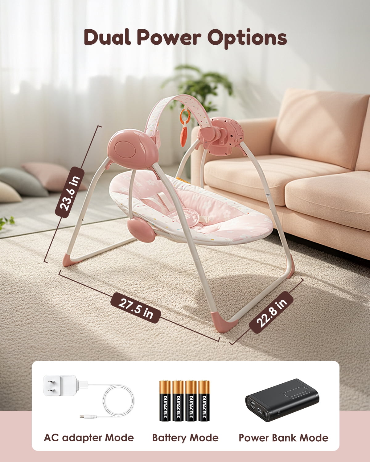 Tiny Marvels Deluxe Cozy Portable Baby Swings for Infants,Adaptable Speed,Music,Removable-Toy-Bar,Age 0-9 Months(Blush Bloom)