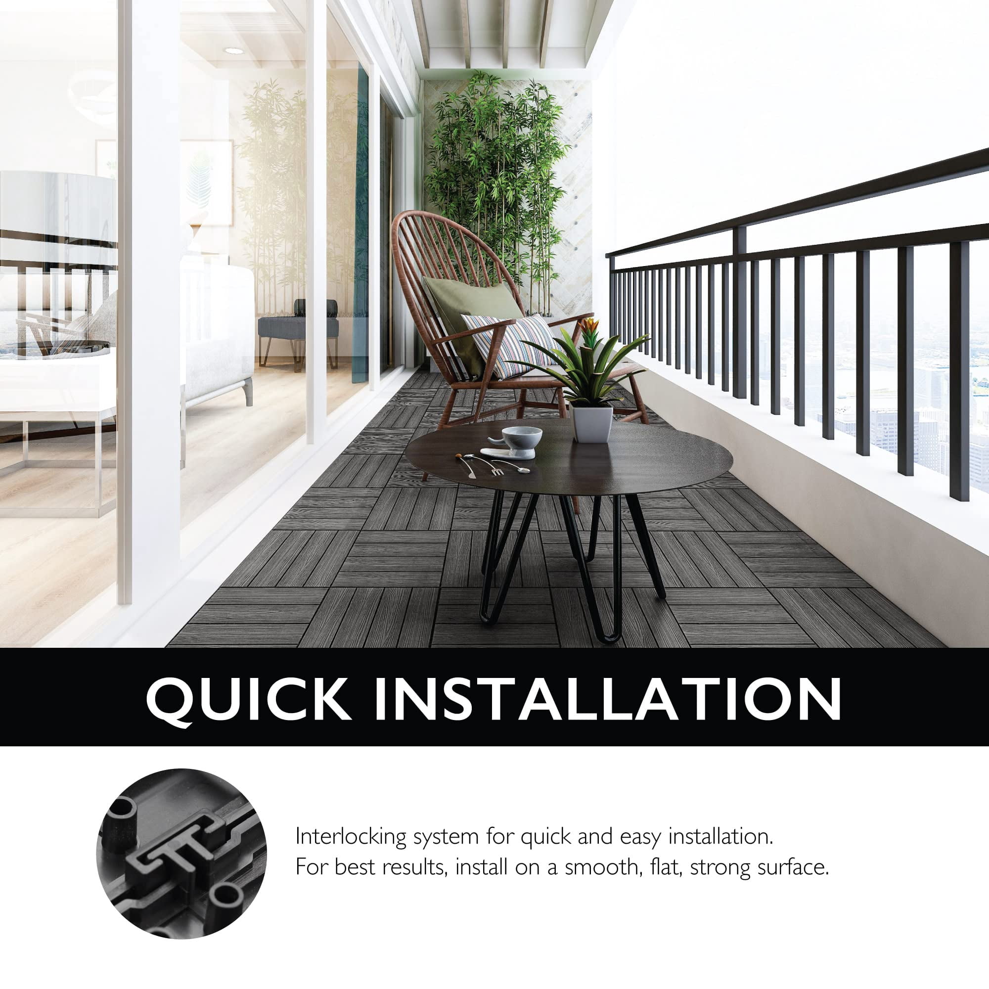 Design House 12" x 12" Interlocking Wood Composite Waterproof Deck Tiles, Modern Ebony Black, 6 Pack