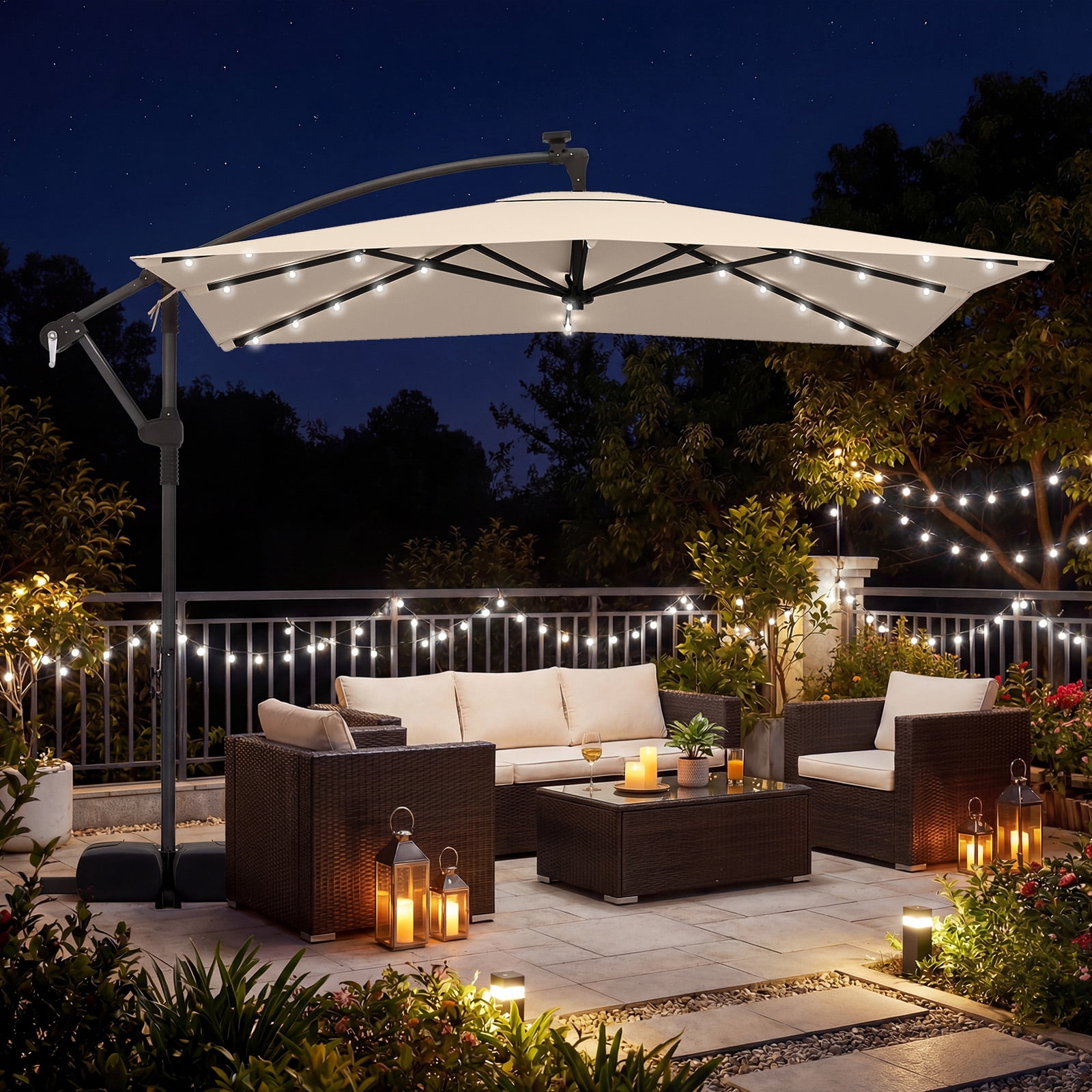 Costway 8 x 8 FT Solar LED Offset Cantilever Patio Umbrella, Square Hanging Outdoor Beige
