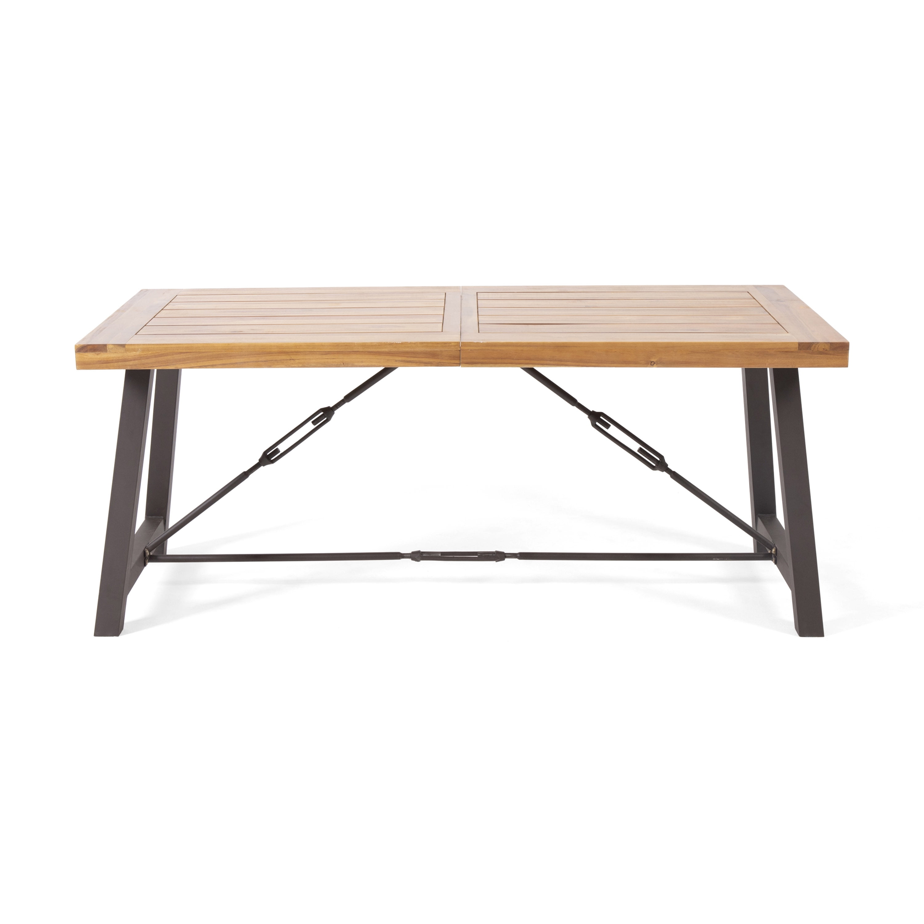 Outdoor Metal Base Acacia Wood Dining Table, Stable Household Desktop for Patio Garden, Teak and Rustic Metal