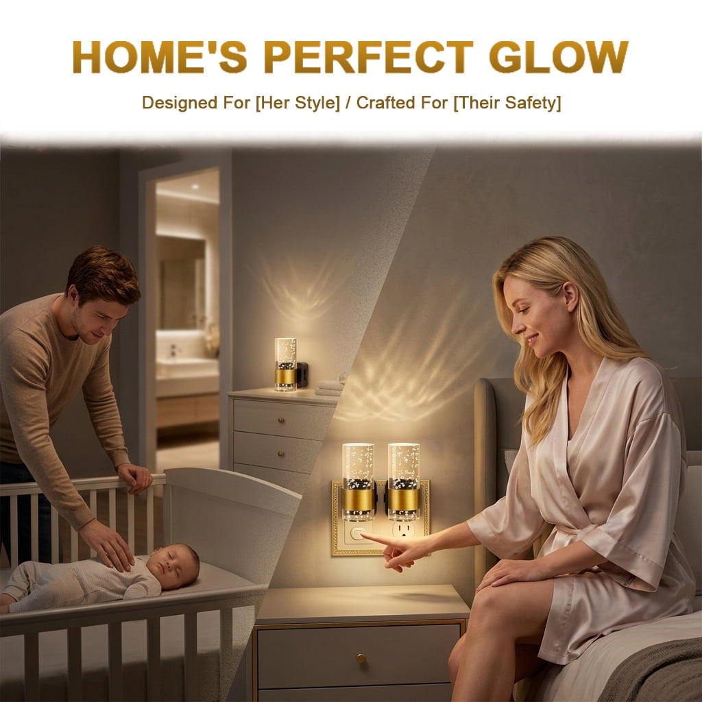 Beslands 2 Pack Dimmable LED Night Light Plug into Wall with Auto Light Sensor, Adjustable Brightness for Bathroom, Bedroom, Hallway, Stairway - Modern Acrylic Bubble Style (Gold) for Summer